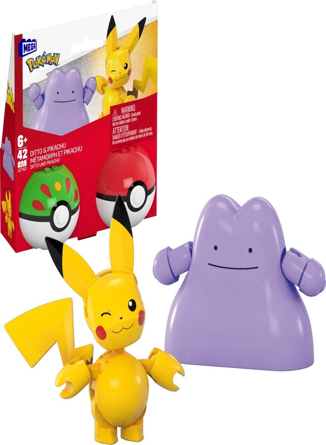Mega Brands MEGA Pokémon Action Figure Building Toys Set, Poké Ball 2-Pack, Pikachu and Ditto with 42 Pieces, for Kids - Image 1