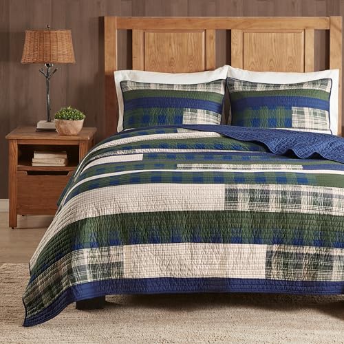 Woolrich John Rich & Bros. WOOLRICH Spruce Hill Reversible Quilt Set - Cottage Styling Reversed to Solid Color, All Season Lightweight Coverlet, Cozy Bedding Layer, Matching Shams, Oversized King/Cal King, Stripes Green 3 Piece - Image 1