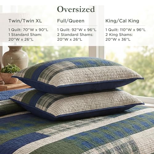 Woolrich John Rich & Bros. WOOLRICH Spruce Hill Reversible Quilt Set - Cottage Styling Reversed to Solid Color, All Season Lightweight Coverlet, Cozy Bedding Layer, Matching Shams, Oversized King/Cal King, Stripes Green 3 Piece - Image 5