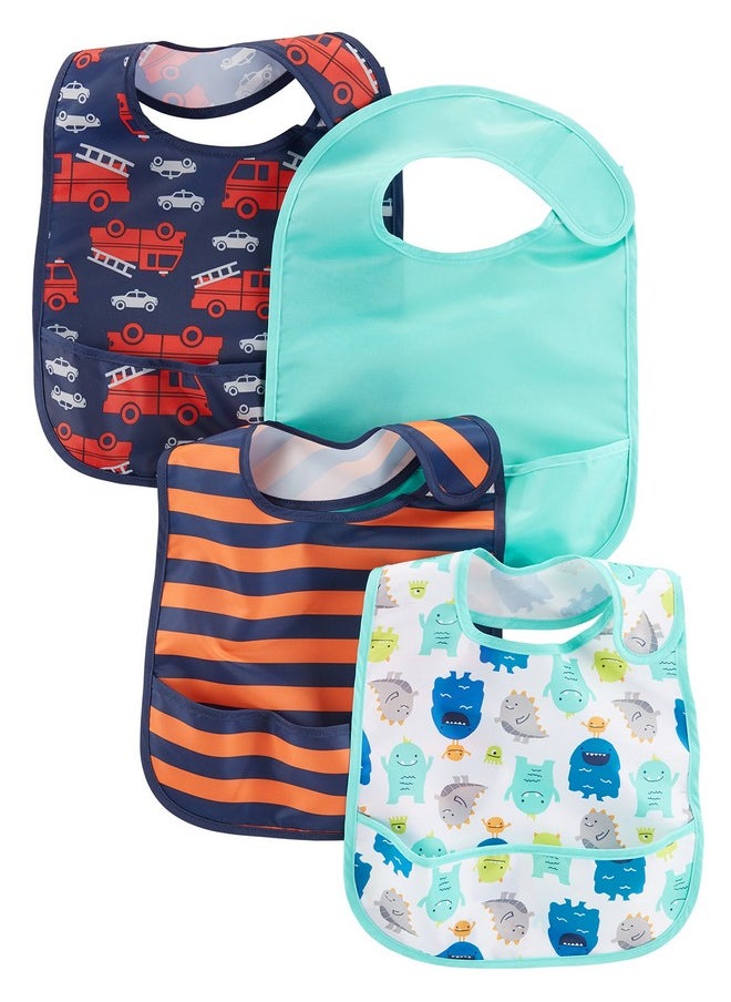 Simple Joys by Carter's Baby 4 Pack Feeder Bibs Fire Trucksmonstersstripe One Size  - Image 1
