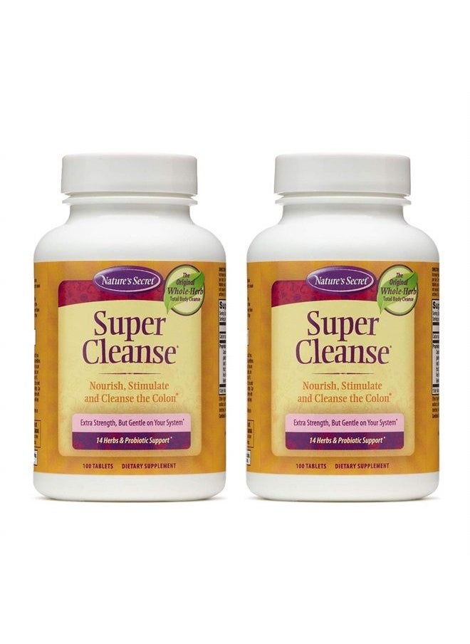 Nature's Secret Super Cleanse Extra Strength Toxin Detox & Gentle Elimination Body Cleanse, Digestive & Colon Health Support - Stimulating Blend of 14 Herbs with Probiotics - 100 Tablets (Pack of 2)  - Image 1