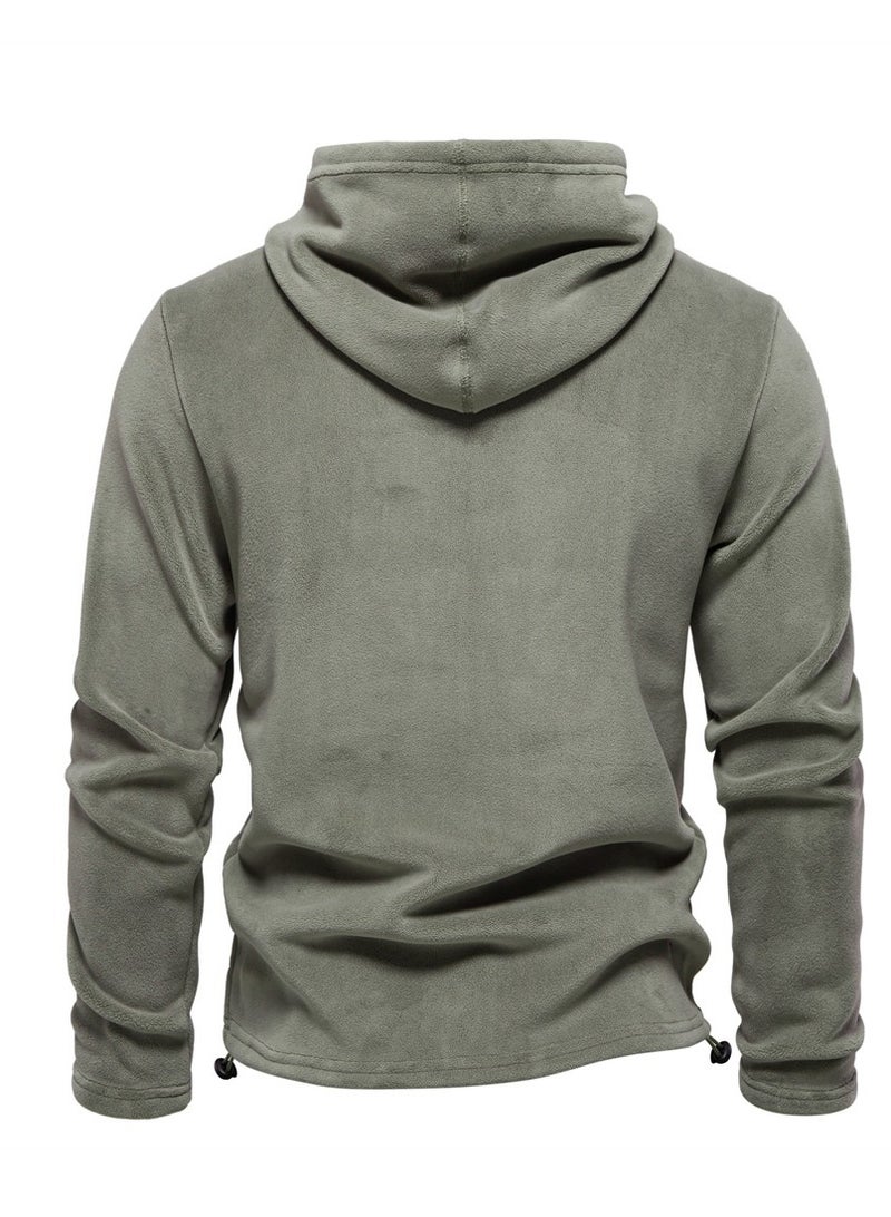 Loquat Men's Autumn And Winter Standing Collar Long Sleeved Hoodie Fleece Top  Olive Green  - Image 2