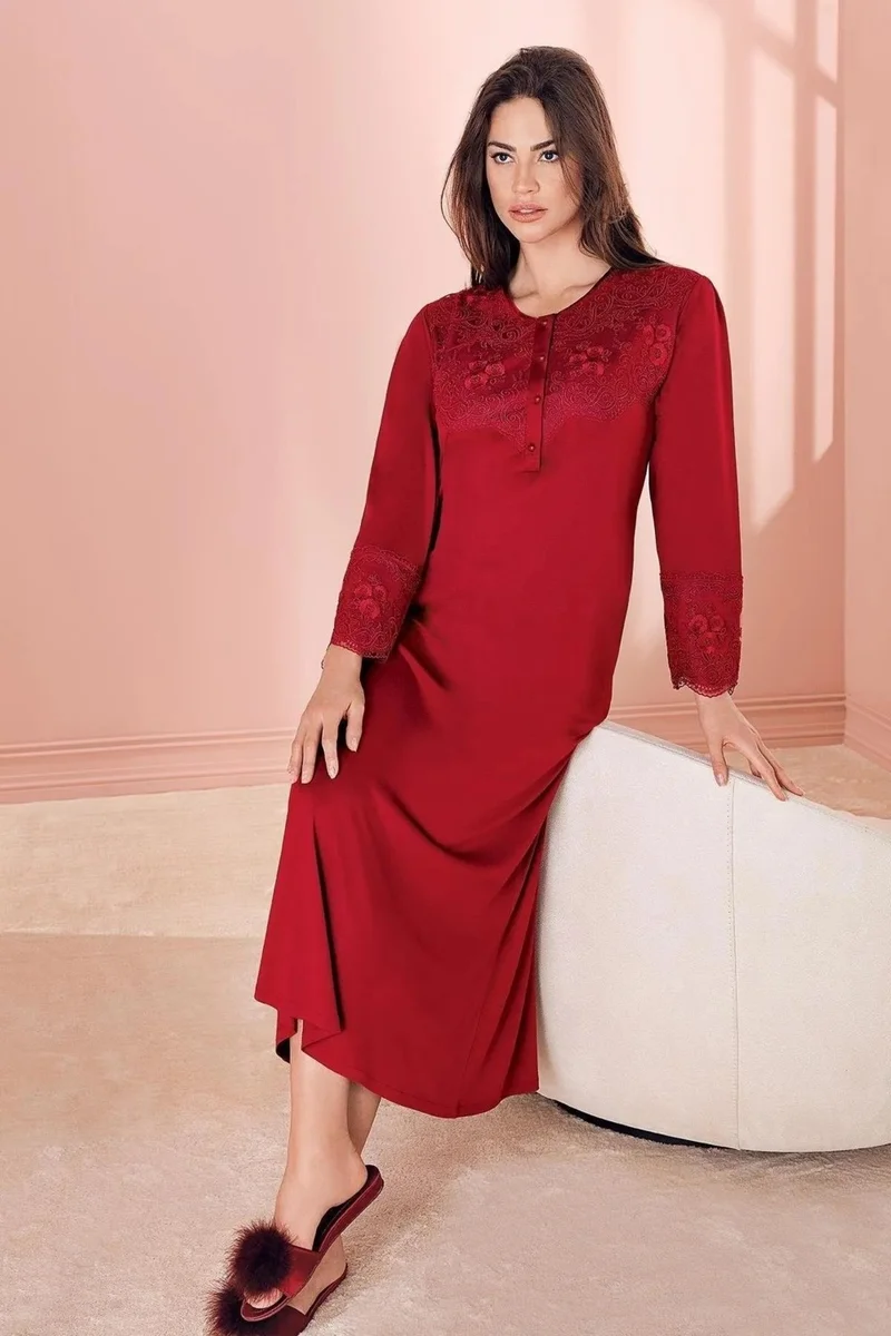 Espuar Mother Nightgown, Long Nightgown, Lace Detailed Collar and Sleeves, Buttoned Collar