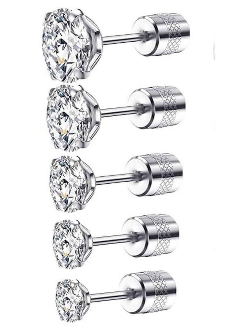 سنسيب مجموعة من 5 أزواج من الأقراط المرصعة، أقراط مكعبة الزركونيوم 316L مضادة للحساسية من الفولاذ المقاوم للصدأ أقراط CZ 3-8 مم (لون فولاذي) - Image 1