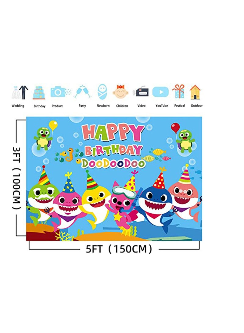 SYOSI Baby Shark Birthday Party Supplies and Decorations 5X3 FT Ocean Photo Background Banner Backdrop for Boy Girl Baby Shower Kids Bedroom Wall Decor Can be Used as Picnic Cloth, Curtain - Image 2