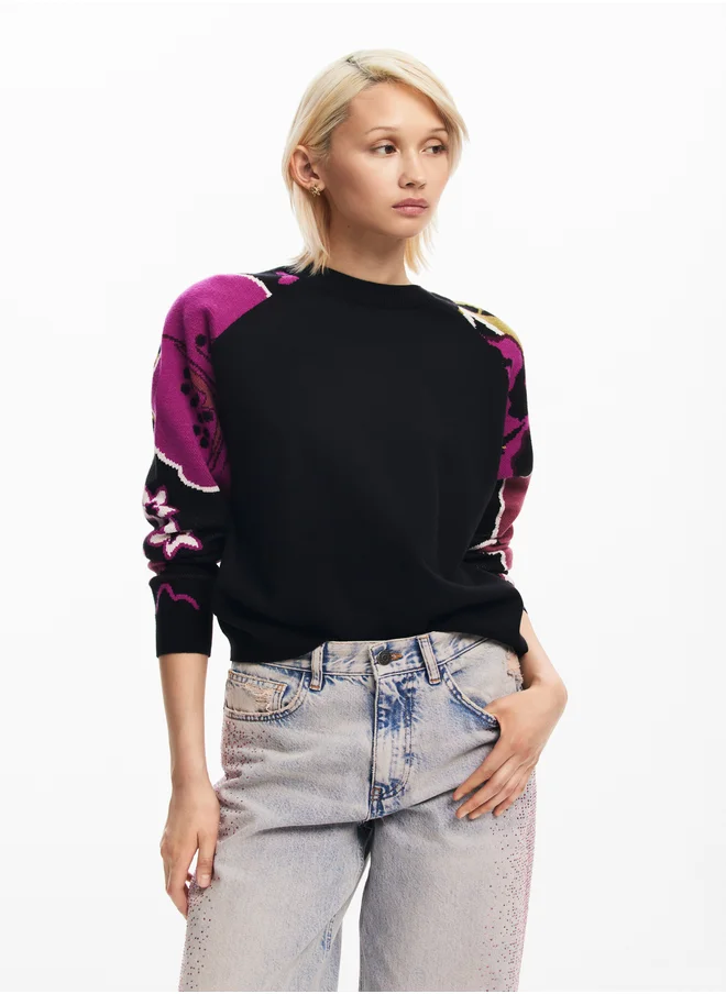 DESIGUAL Sweater With Floral Sleeves