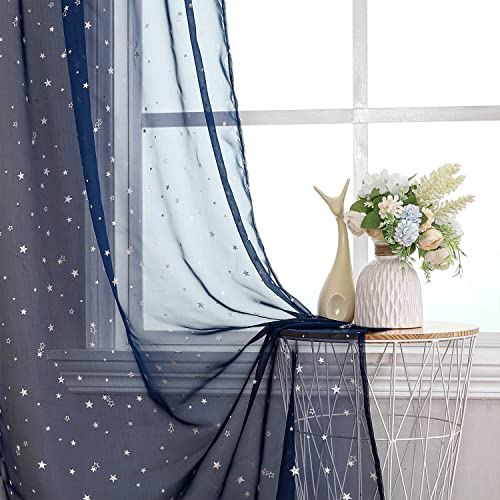 WUBODTI Navy Blue Star Curtains for Boys Room Nursery Living Room 2 Panels, Cute Silver Star Voile Semi Sheer Curtain Drapes Rod Pocket Light Filtering Kids Window Treatments,39 x 79 inch - Image 1