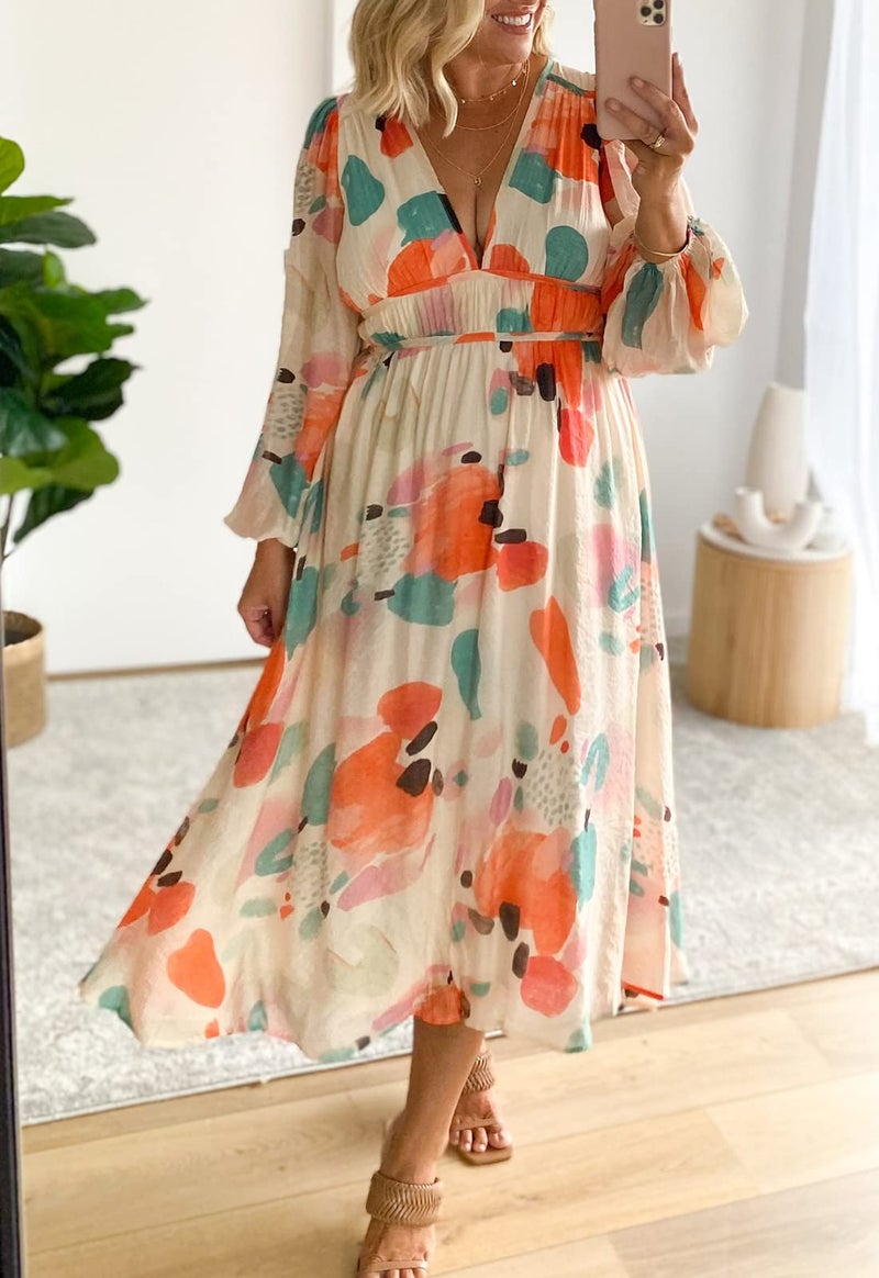 Maxigerui Women's Long Sleeve Floral Maxi Dress 2026 Spring Summer Wedding Guest Dress Red Watercolor L - Image 4