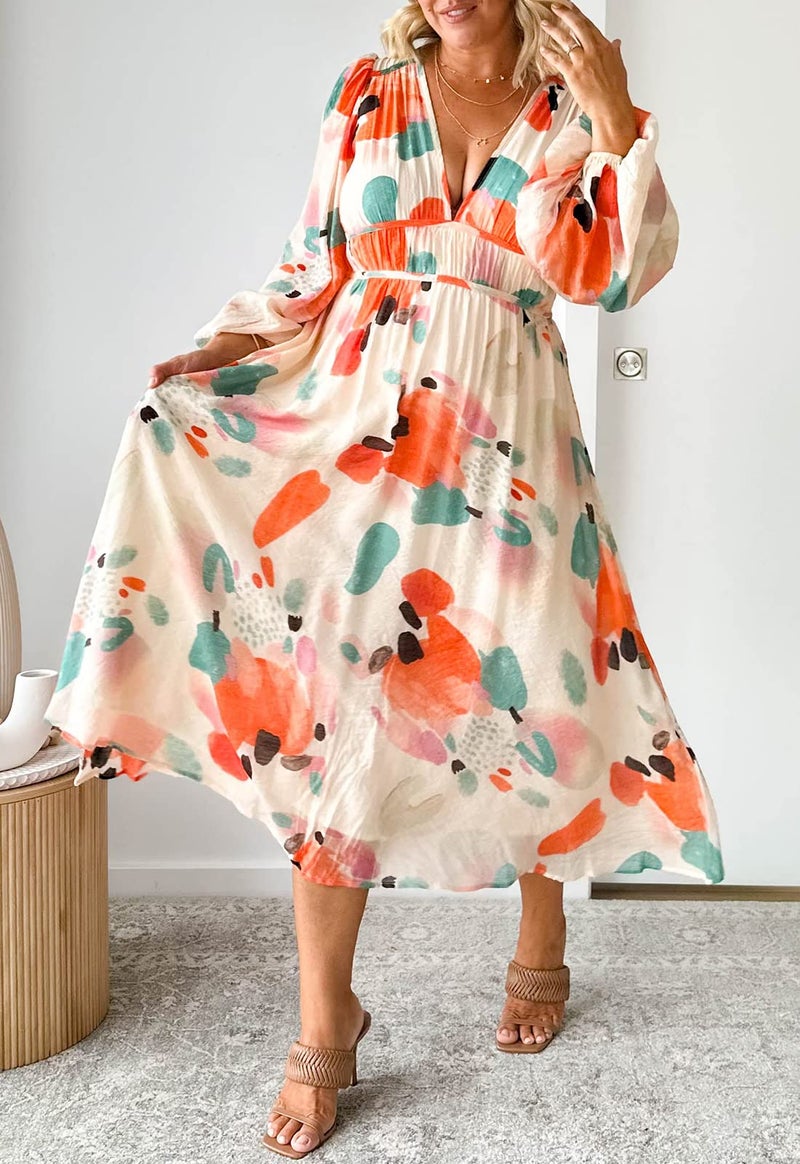 Maxigerui Women's Long Sleeve Floral Maxi Dress 2026 Spring Summer Wedding Guest Dress Red Watercolor L - Image 3