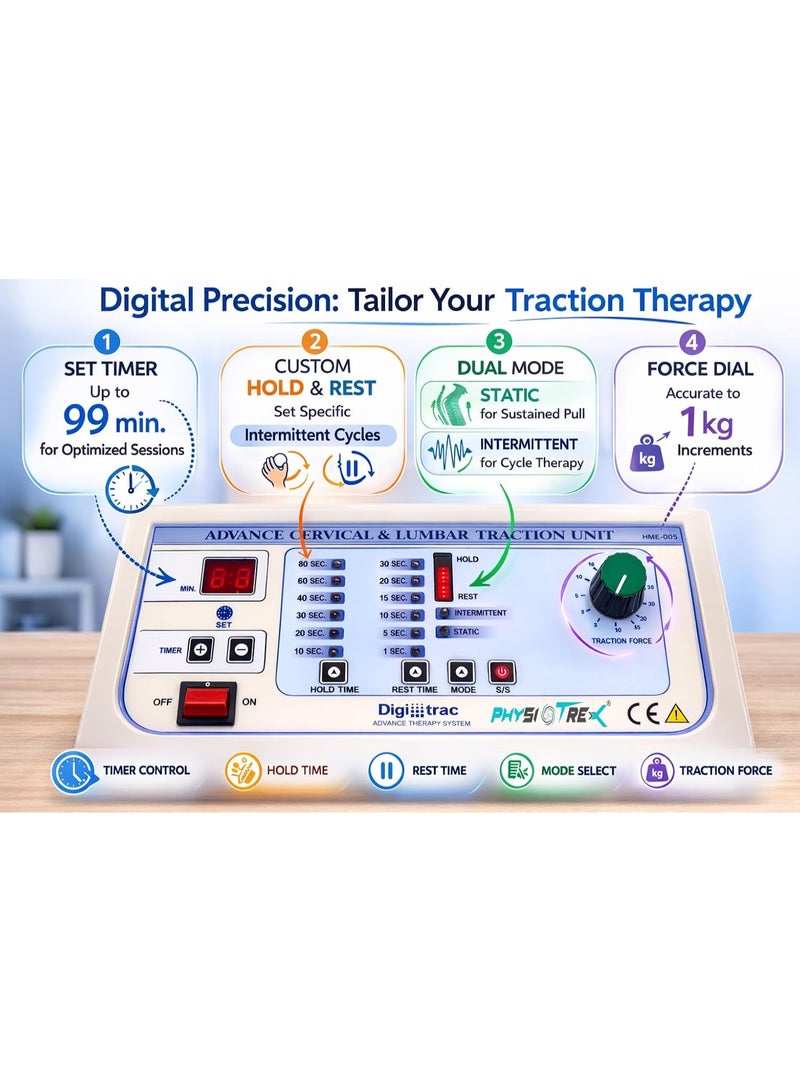 PHYSIOTREX® Digital Traction Unit for Cervical & Lumbar Therapy – Advanced Solid-State Traction Machine | Adjustable Hold & Rest Times | Static & Intermittent Modes | Traction Force Up to 45kg | Built-In Patient Safety Features - Image 4
