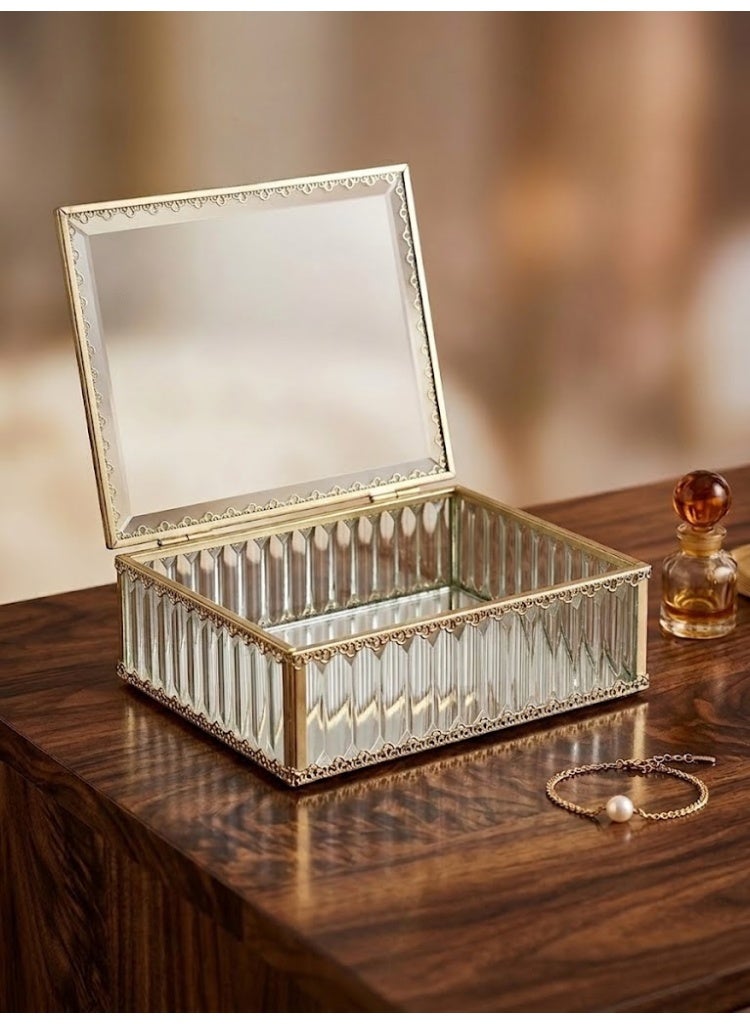 Vintage Glass Jewelry Box with Gold Metal Trim & Hinged Lid | Decorative Organizer - Image 3