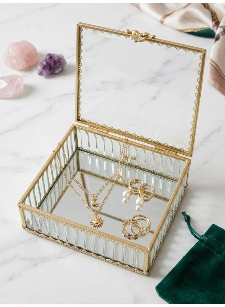 Vintage Glass Jewelry Box with Gold Metal Trim & Hinged Lid | Decorative Organizer - Image 1