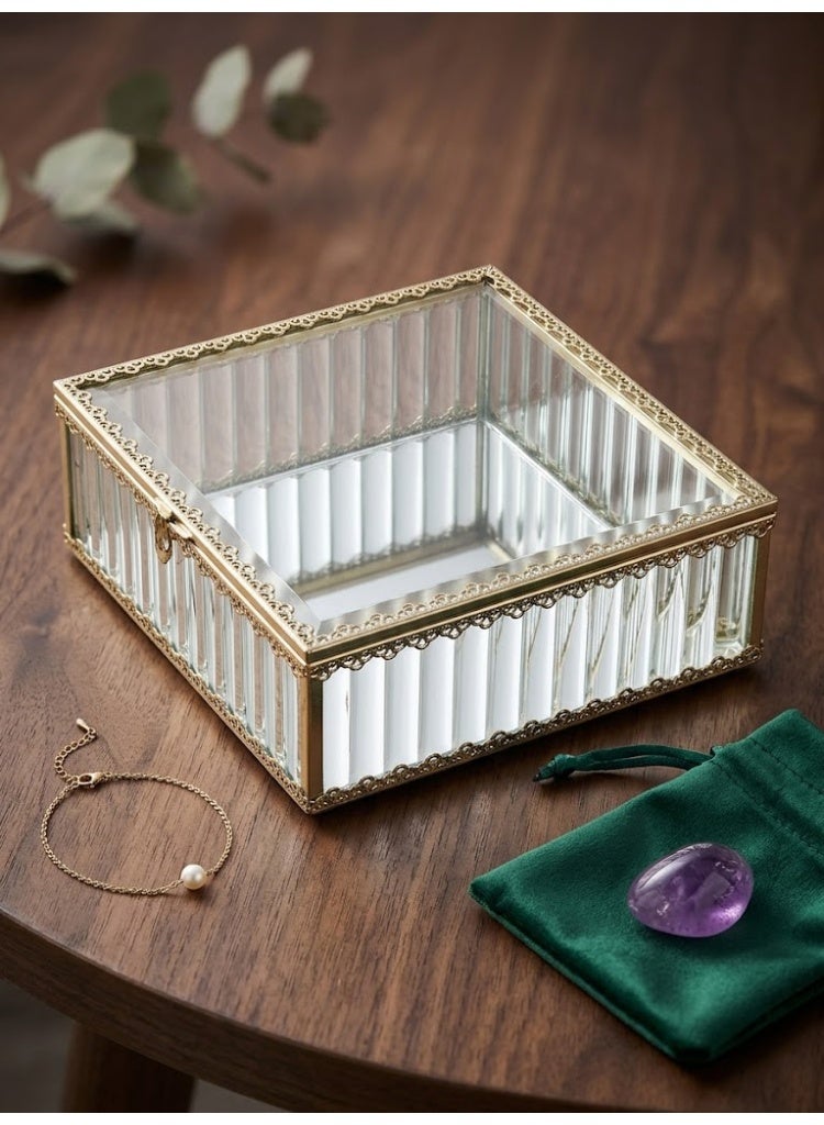 Vintage Glass Jewelry Box with Gold Metal Trim & Hinged Lid | Decorative Organizer - Image 2