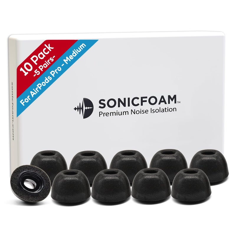 SONICFOAM Memory Foam Earbud Tips - Premium Noise Isolation, Replacement Foam Ear Tips, 10 Pack for Airpods Pro (SFAIR Medium, Black) - Image 1