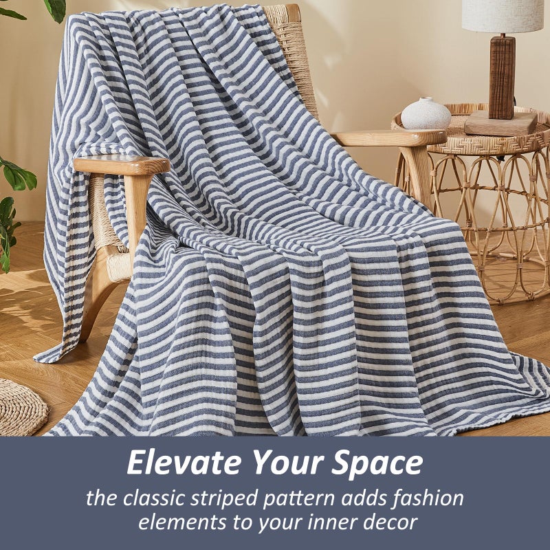 EMME Cotton Muslin Large Throw Blanket Couch Breathable Gauze Soft Lightweight Bed Blankets Adults (Striped Navy, 50"x70") - Image 5