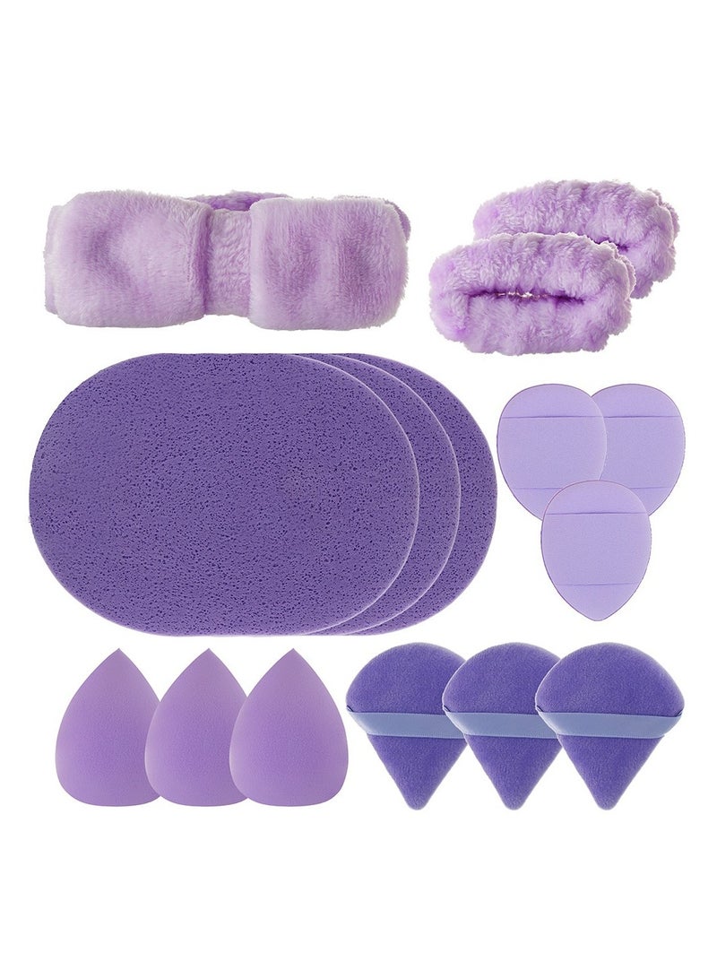 Generic 15-Piece Spa Headband and Wristband Clean Set, Includes Makeup Sponges and Face Triangle Powder Puff Skincare Beauty Blender for Washing Face,Women Gift Set(Purple) - Image 1