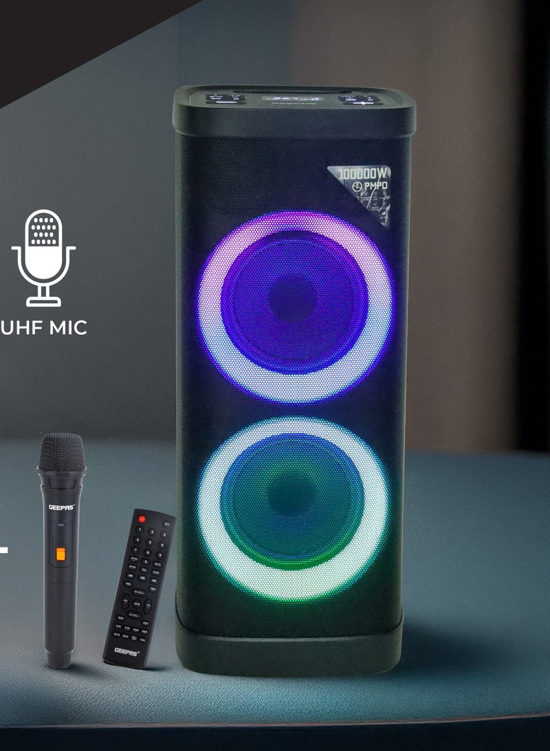 GEEPAS Rechargeable Professional Speaker|  RGB Light, USB Input, TF, TWS, FM Radio, UHF Microphone, Bluetooth| 100000W PMPO Speakers Unit, with Remote Control | Perfect for Parties, Events, Home Entertainment| 2 Years Warranty GMS11191N - Image 1