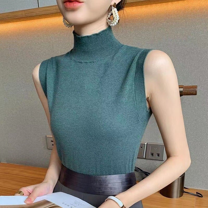 Ice Silk T-Shirt 2024 Spring And Korean Style Sleeveless Bottoming Shirt Half Turtleneck Slim Knitted Inner Vest Top - Image 1