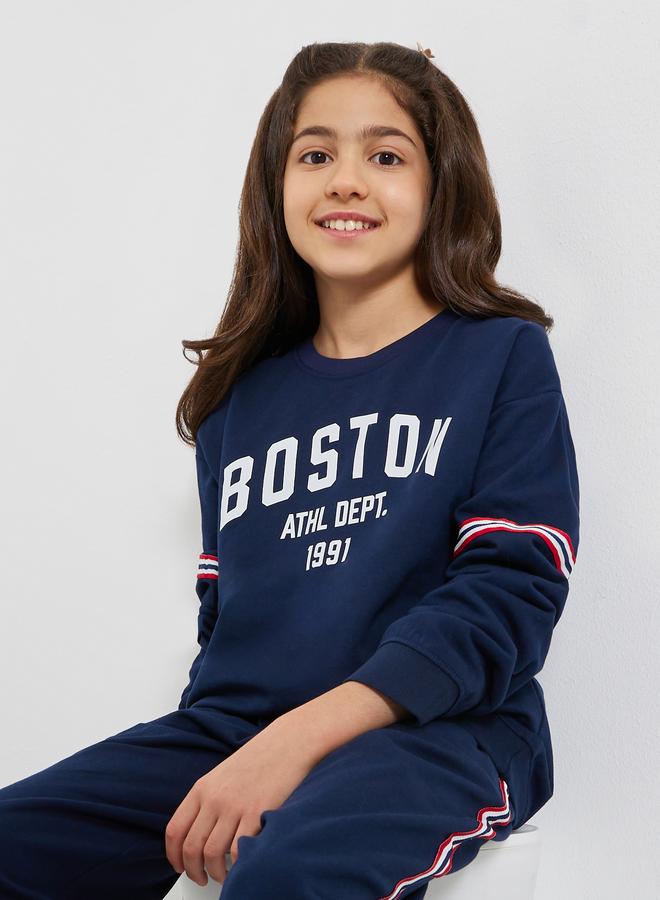 Styli Teens Navy Blue Boston Print Cotton Sweatshirt - Image 3