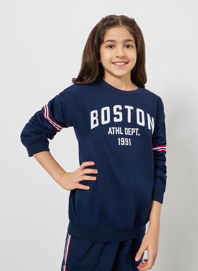 Styli Teens Navy Blue Boston Print Cotton Sweatshirt - Image 1