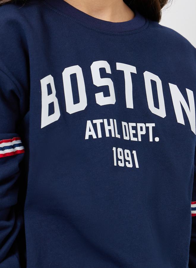 Styli Teens Navy Blue Boston Print Cotton Sweatshirt - Image 4