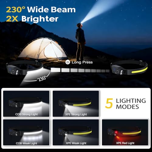 LHKNL Rechargeable Headlamp 2Pcs- 230° Wide Beam Led Head Lamp with White Red Light, Long Lasting Hard Hat Light, Motion Sensor, 6 Mode Headlight Flashlight for Adults Camping,Hiking,Running - Image 2