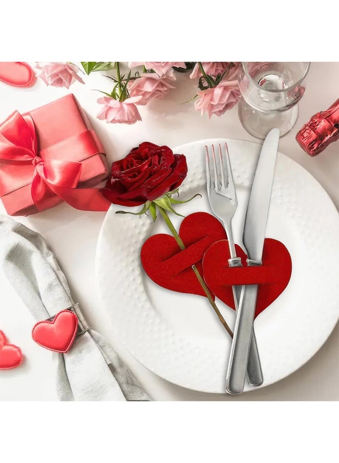 10 قطع حاملي أدوات المائدة على شكل قلب لعيد الحب، حقيبة أدوات مائدة من اللباد الأحمر على شكل قلب، حقيبة فضية لأدوات المائدة، جيوب للطاولة لتغطية السكاكين والشوك لتزيين حفلات الزفاف ويوم الأم والحفلات - Image 3