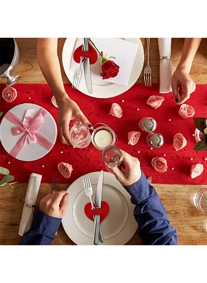 10 قطع حاملي أدوات المائدة على شكل قلب لعيد الحب، حقيبة أدوات مائدة من اللباد الأحمر على شكل قلب، حقيبة فضية لأدوات المائدة، جيوب للطاولة لتغطية السكاكين والشوك لتزيين حفلات الزفاف ويوم الأم والحفلات - Image 4