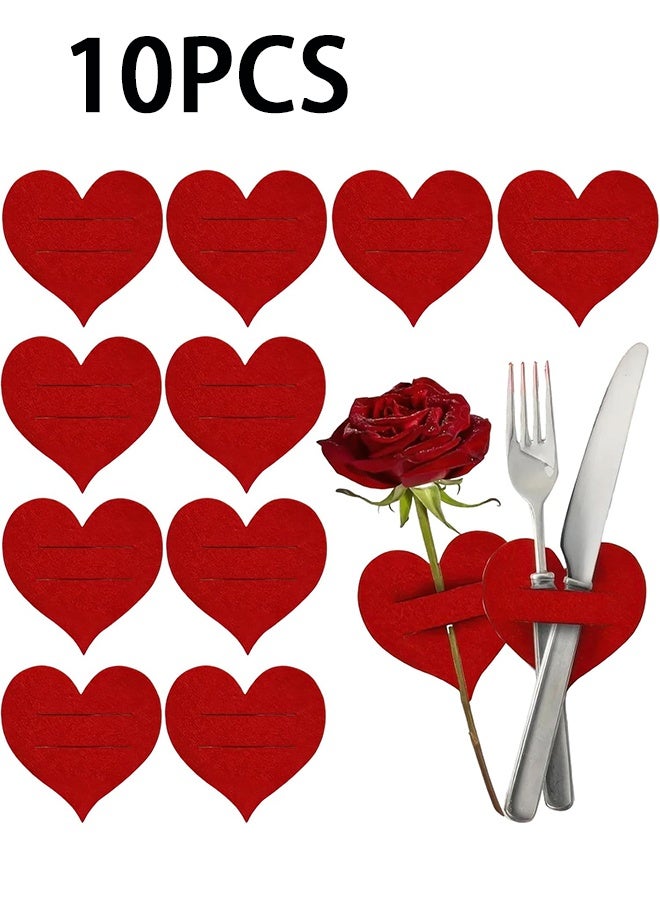 10 قطع حاملي أدوات المائدة على شكل قلب لعيد الحب، حقيبة أدوات مائدة من اللباد الأحمر على شكل قلب، حقيبة فضية لأدوات المائدة، جيوب للطاولة لتغطية السكاكين والشوك لتزيين حفلات الزفاف ويوم الأم والحفلات - Image 1