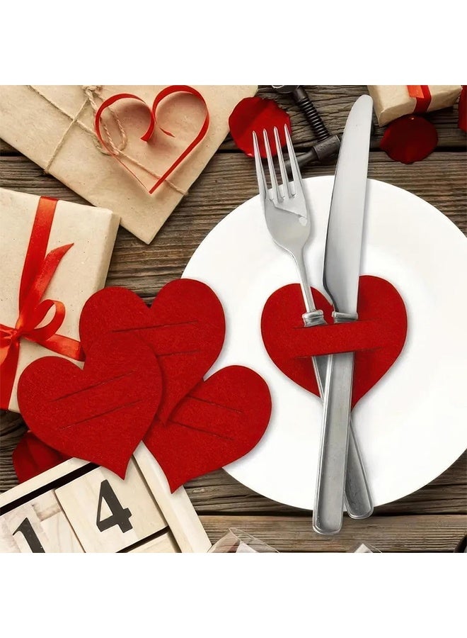 10 قطع حاملي أدوات المائدة على شكل قلب لعيد الحب، حقيبة أدوات مائدة من اللباد الأحمر على شكل قلب، حقيبة فضية لأدوات المائدة، جيوب للطاولة لتغطية السكاكين والشوك لتزيين حفلات الزفاف ويوم الأم والحفلات - Image 5
