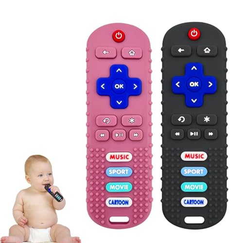 SOLIFEGOBLE 2 Pack Baby Teether Toys,Silicone Remote Teether for Babies,Baby TV Remote Toys,Infant Chew Toys for Babies Chew Toys (Black + Pink) - Image 1