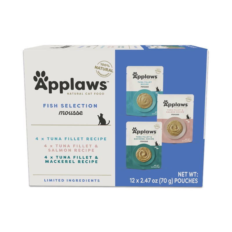 Applaws Natural Wet Cat Food in Mousse, Limited and Natural Ingredients, Grain-Free, High Protein with No Artificial Additives, Fish Variety Pack (12 x 2.47oz Pouches) - Image 1