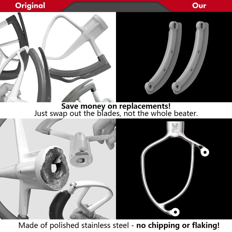 qAp quality art Practical Flex Edge Beater Pro FEB6G for KitchenAid Bowl-Lift Stand Mixers With 6QT Glass Bowl- Stainless Steel Flat Beater with Replaceable Silicone Edges. - Image 4