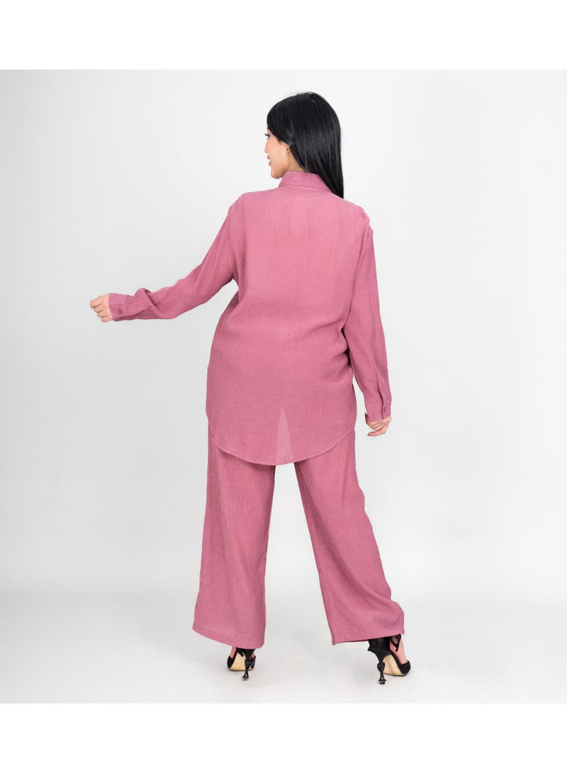 اكسا طقم عصري قطعتين قميص وبنطلون مطرز بأوراق ملونة وردي - Image 4