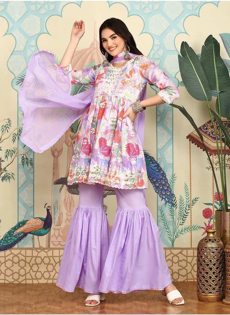 ISHIN Lavender Floral Printed Pure Cotton Anarkali Kurta With Sharara & Dupatta