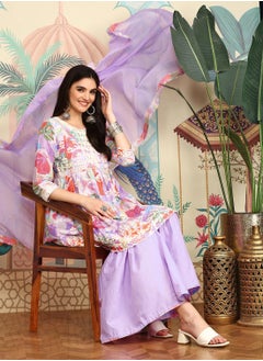 ISHIN Anarkali Fit Printed Pattern Round Neck Three-Quarter Sleeves Lavender Colour Knitted Cotton Kurta Set for Women with Semi Elastic Closure - Elevate Your Fashion Game  - Image 3