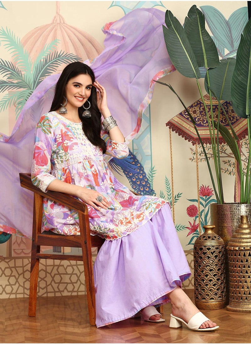 ISHIN - Anarkali Fit Printed Pattern Round Neck Three-Quarter Sleeves Lavender Colour Knitted Cotton Kurta Set for Women with Semi Elastic Closure - Elevate Your Fashion Game - Image 1