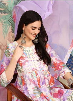 ISHIN Anarkali Fit Printed Pattern Round Neck Three-Quarter Sleeves Lavender Colour Knitted Cotton Kurta Set for Women with Semi Elastic Closure - Elevate Your Fashion Game  - Image 2