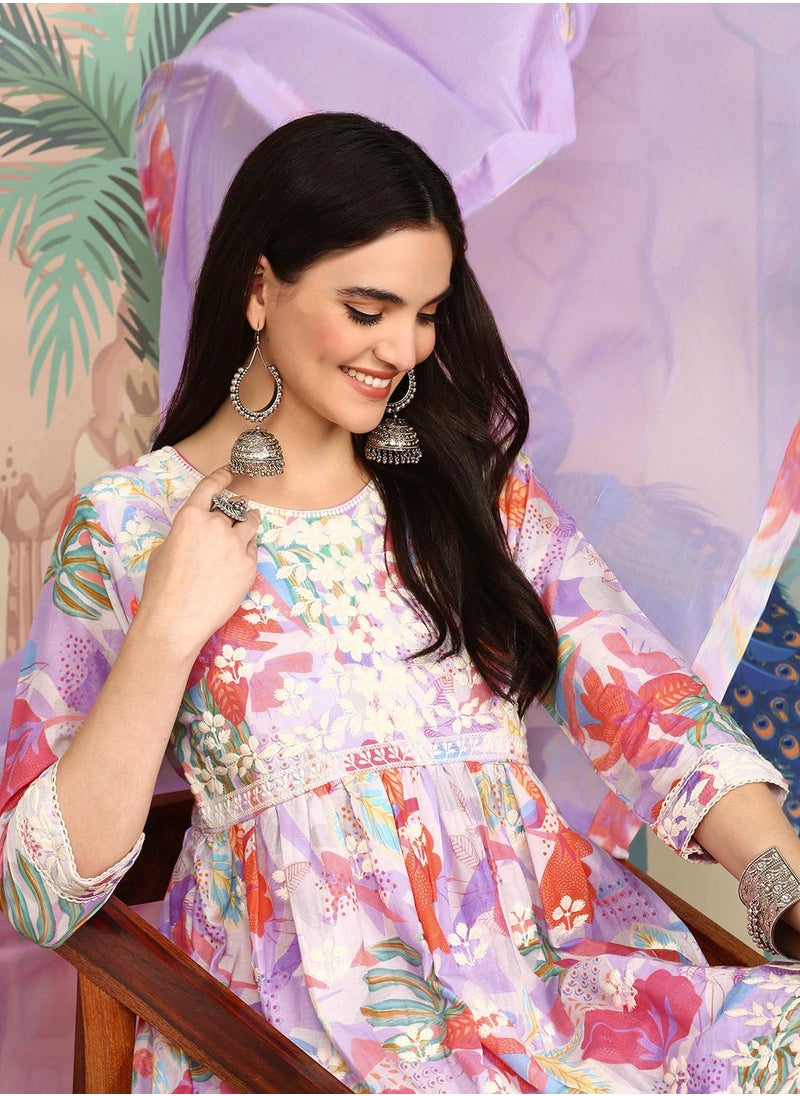 ISHIN - Anarkali Fit Printed Pattern Round Neck Three-Quarter Sleeves Lavender Colour Knitted Cotton Kurta Set for Women with Semi Elastic Closure - Elevate Your Fashion Game - Image 1