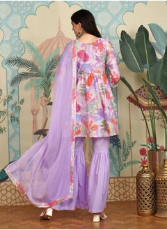 ISHIN Anarkali Fit Printed Pattern Round Neck Three-Quarter Sleeves Lavender Colour Knitted Cotton Kurta Set for Women with Semi Elastic Closure - Elevate Your Fashion Game  - Image 5