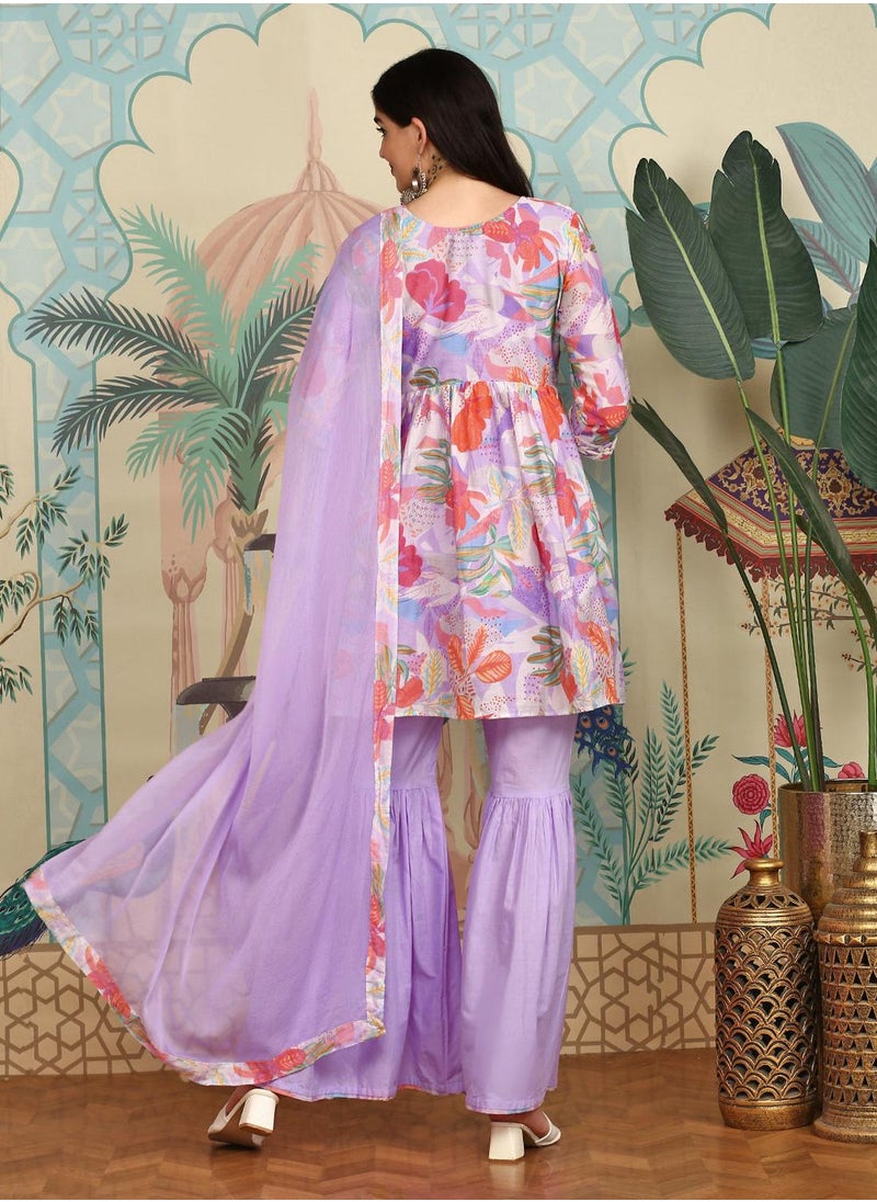 ISHIN - Anarkali Fit Printed Pattern Round Neck Three-Quarter Sleeves Lavender Colour Knitted Cotton Kurta Set for Women with Semi Elastic Closure - Elevate Your Fashion Game - Image 1