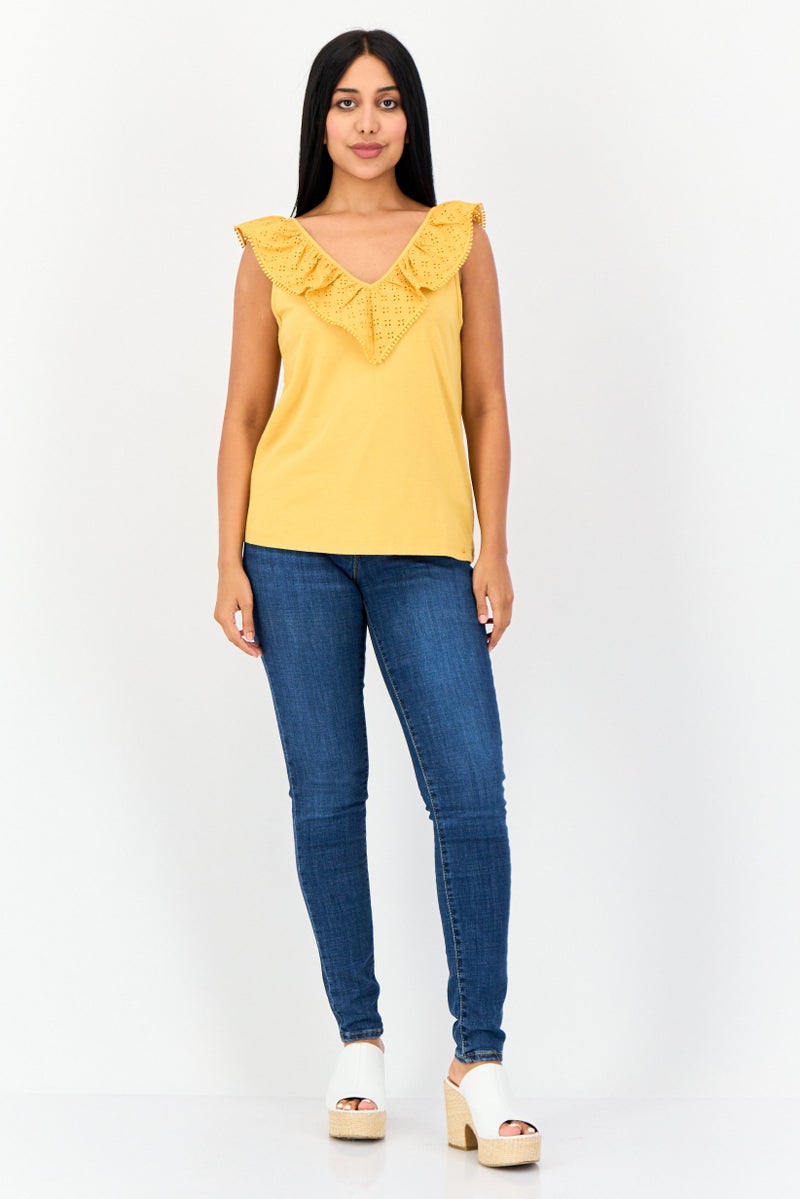 SALSA Women V Neck Sleeveless Plain Top, Mustard - Image 4