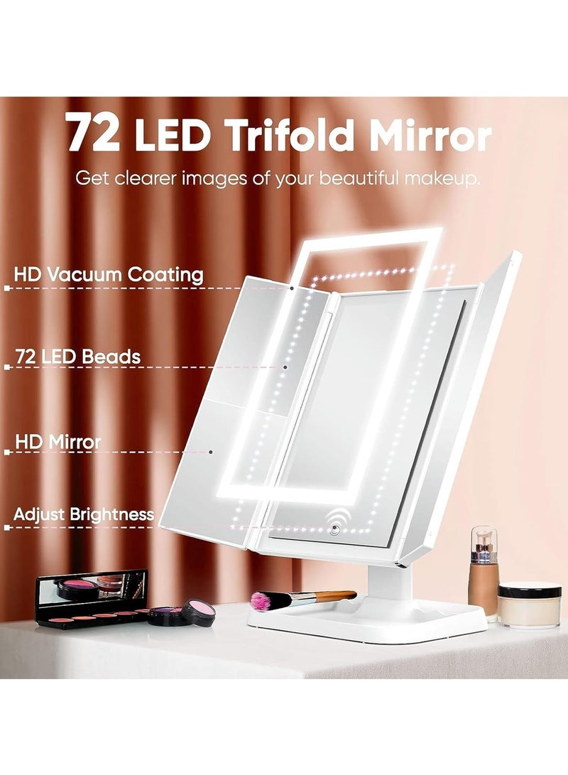 مرآة مكياج، قابلة للطي بثلاثة أضعاف مع تكبير 3x/2x/1x، شاشة لمس LED، شحن USB، دوران حر 180 درجة على سطح الطاولة  - Image 2