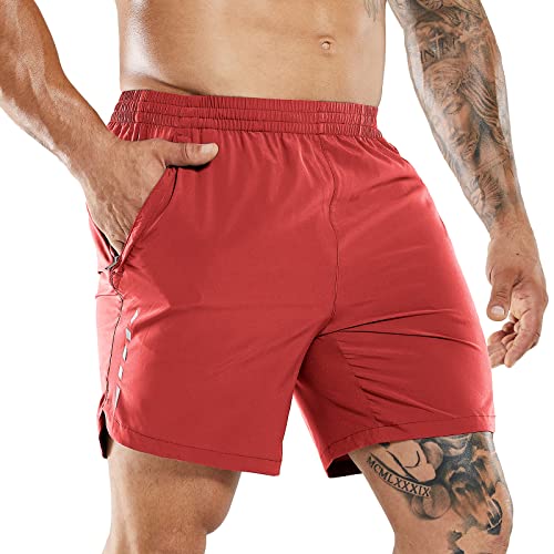 MIER Men's Dry Fit Athletic Shorts Lightweight Running Hiking Shorts with Zipper Pockets Red,2XL - Image 1