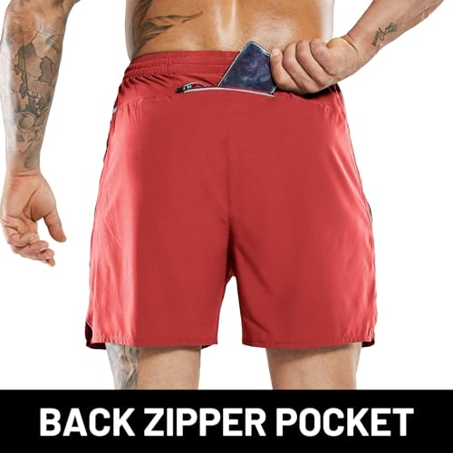 MIER Men's Dry Fit Athletic Shorts Lightweight Running Hiking Shorts with Zipper Pockets Red,2XL - Image 2