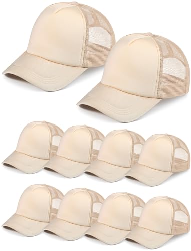 Tarpop 10 Pcs Sublimation Blank Trucker Hats Bulk Mesh Baseball Cap Polyester Mesh Trucker Hat for Men and Women(Tan) - Image 1