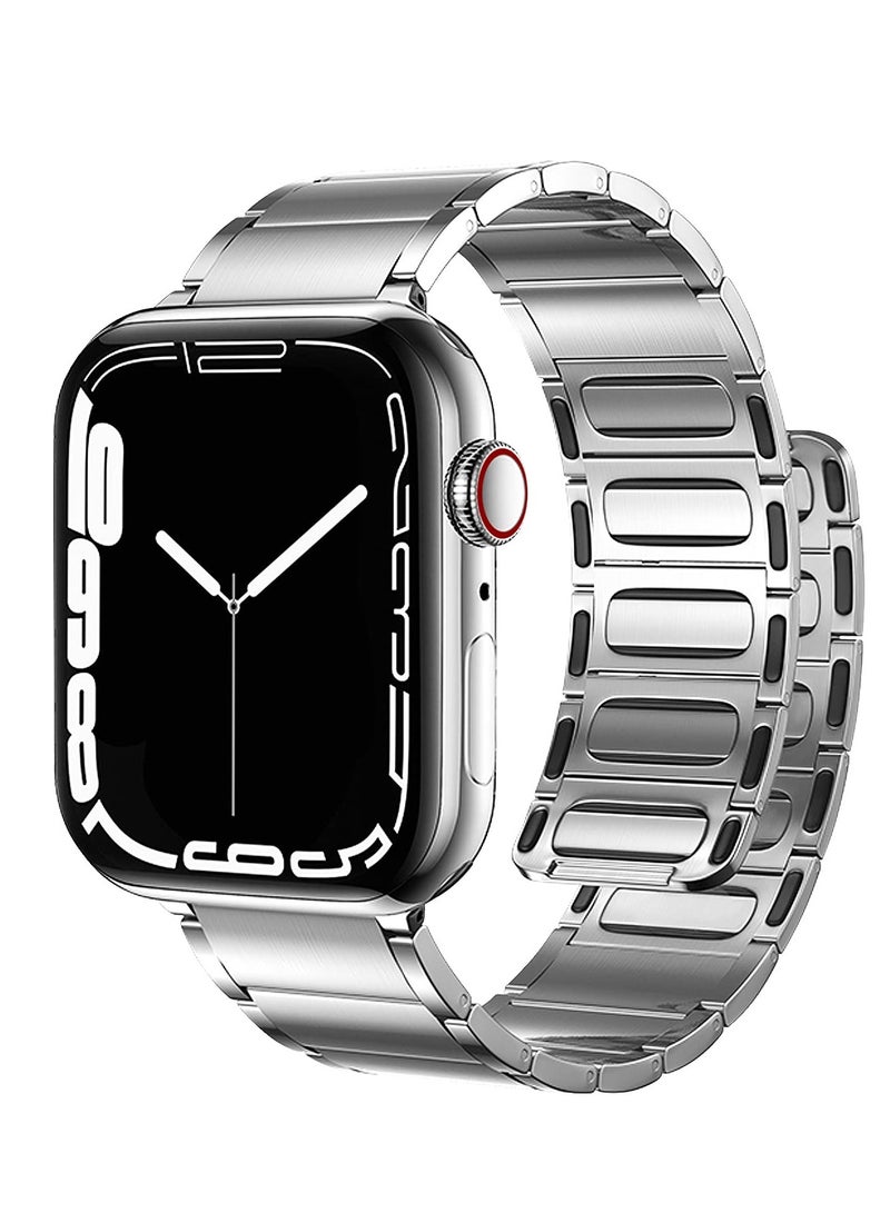 Metal Straps for Apple Watch 45mm 44mm, Magnetic Replacement Bands, Stainless Steel Strap for Series 7 6 5 4 SE Silver - Image 1