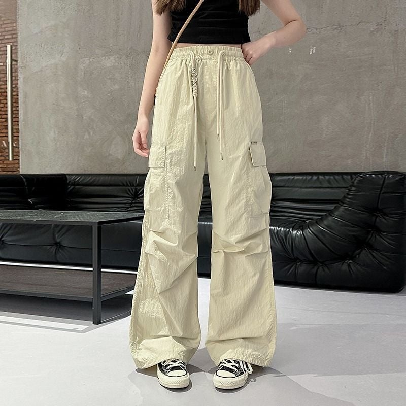 Junior High School Students And Older Children Pink Quick-Drying Cargo Pants Girls Summer Thin Wide-Leg Pants High School Students Casual Long Pants - Image 1
