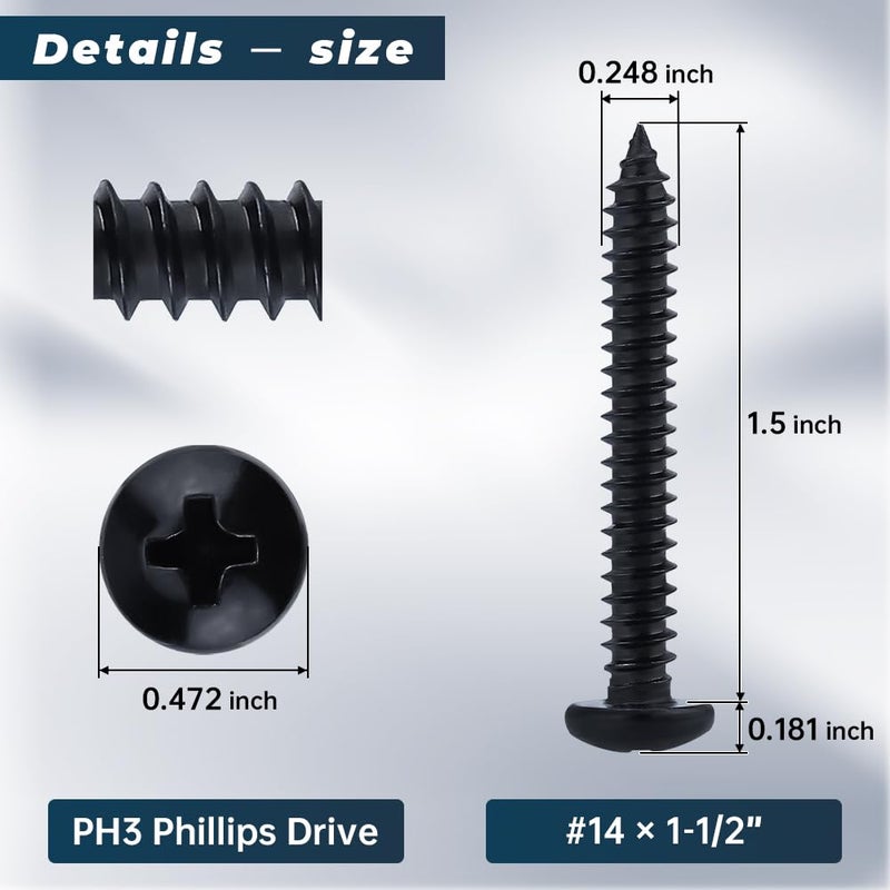 Glvaner #14 x 1-1/2 inch Phillips Pan Head Self Tapping Screws for Wood, Black Coated, 304 Stainless Steel 18-8, Round Head Sheet Metal Tek Screws, 20 pcs - Image 3