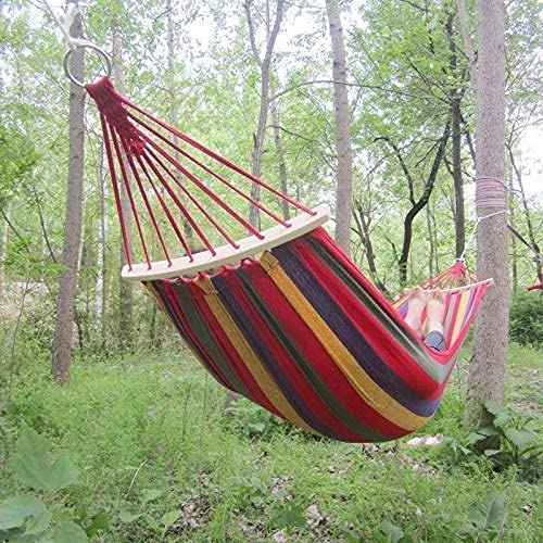 KRIDEZ KRIDEZ Wooden Stick Swing with Whiter Rope Hammock Hanging Camping Canvas Fabric Portable Outdoor Garden Hammocks Striped Ultralight Beach Swing Bed with Strong Rope MulticolorPack 1 - Image 2